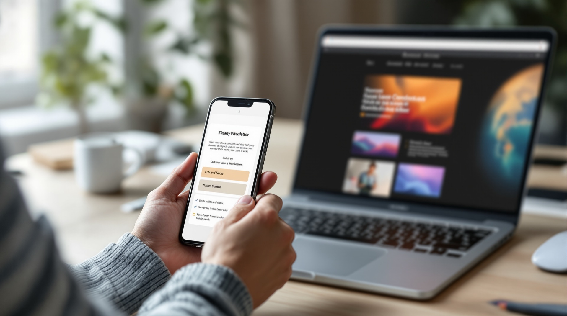 Responsive HTML email template shown in light mode on a laptop and dark mode on a phone