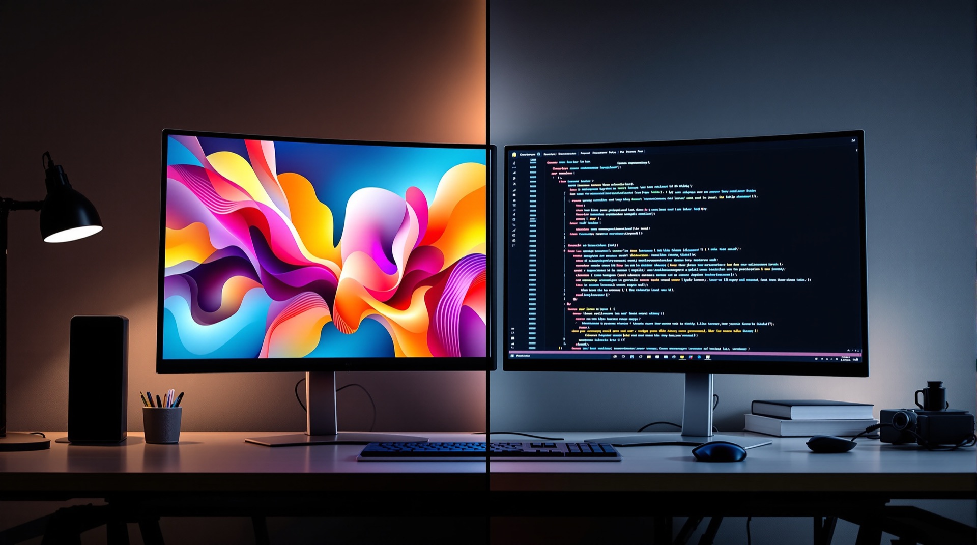 Website design mockup beside its hand-coded HTML equivalent on twin monitors