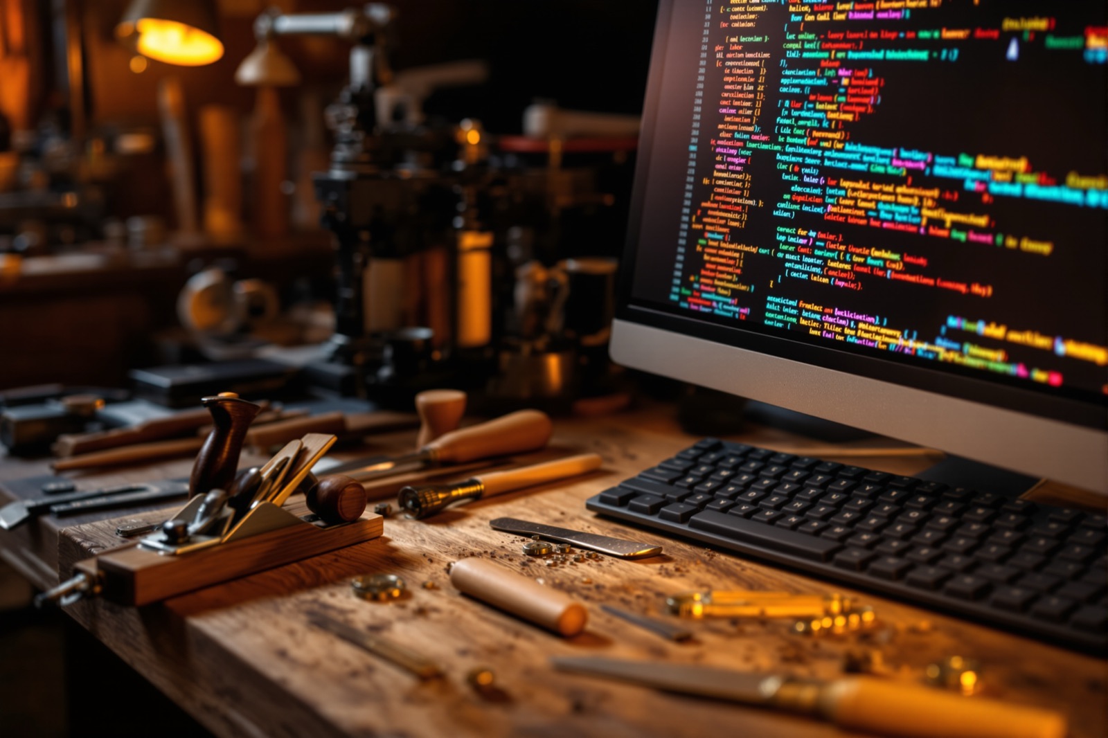 Artisan hand tools beside a modern coding setup, symbolizing hand-coded craftsmanship