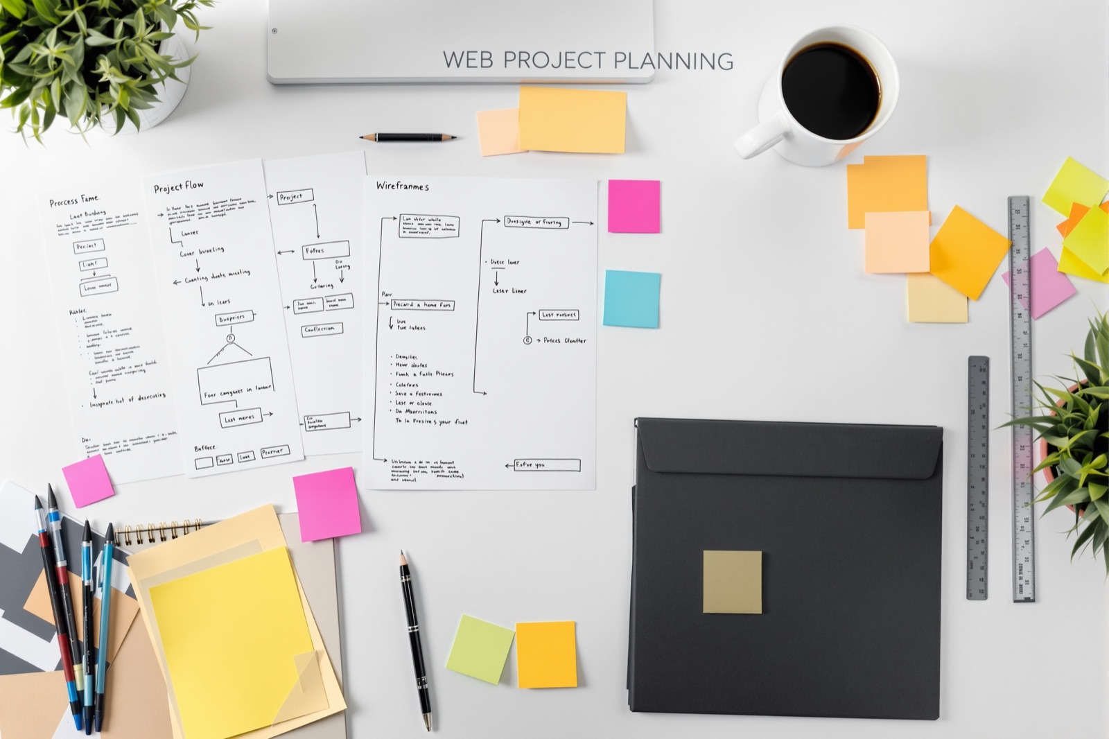 Web conversion project plan laid out as wireframes and notes on a studio desk